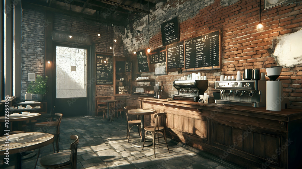 A cozy cafe interior with exposed brick walls, wooden tables, and a coffee bar. A cozy cafe interior with exposed brick walls, wooden tables, and a coffee bar.