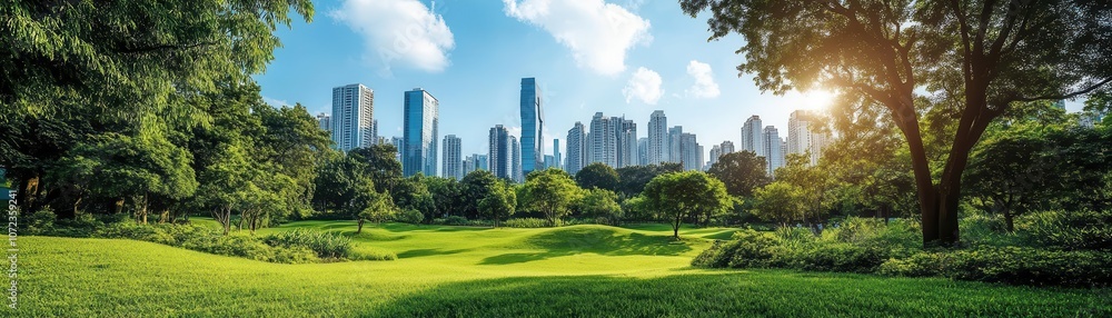 Green park with cityscape and lake in background Green park with cityscape and lake in background