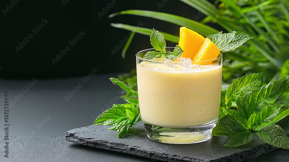 Mango milkshake cocktail with ice and mint leaves on a dark stone background Mango milkshake cocktail with ice and mint leaves on a dark stone background