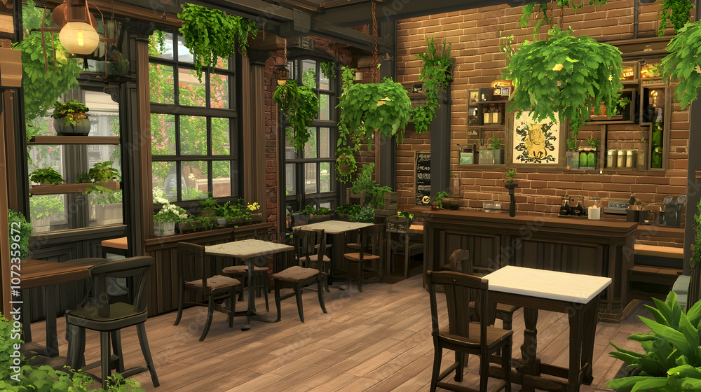 Fototapeta premium A cozy cafe with exposed brick walls, large windows, and lush greenery.