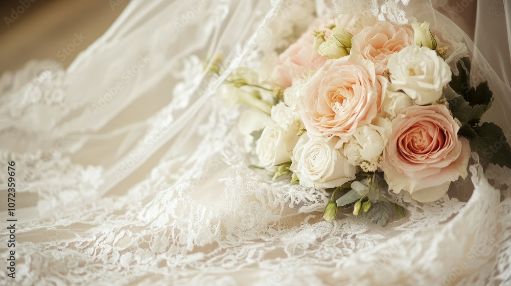 A delicate bouquet of blush and white roses rests gracefully on intricately detailed lace, symbolizing purity and romance, perfect for wedding occasions. A delicate bouquet of blush and white roses rests gracefully on intricately detailed lace, symbolizing purity and romance, perfect for wedding occasions.