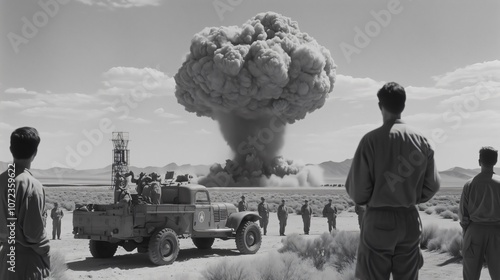 Military personnel observing nuclear explosion during operation upshot knothole grable test