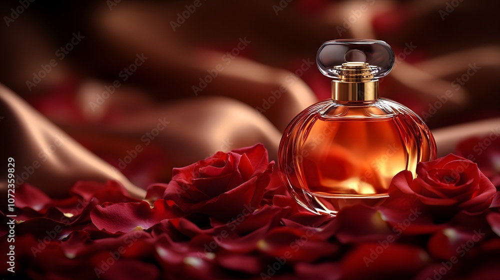 Elegant Perfume Bottle with Rose Petals Background Elegant Perfume Bottle with Rose Petals Background