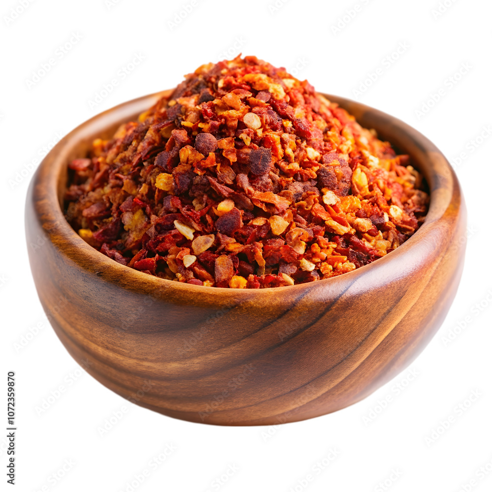 raw organic red pepper flakes in wooden bowl on transparent background raw organic red pepper flakes in wooden bowl on transparent background