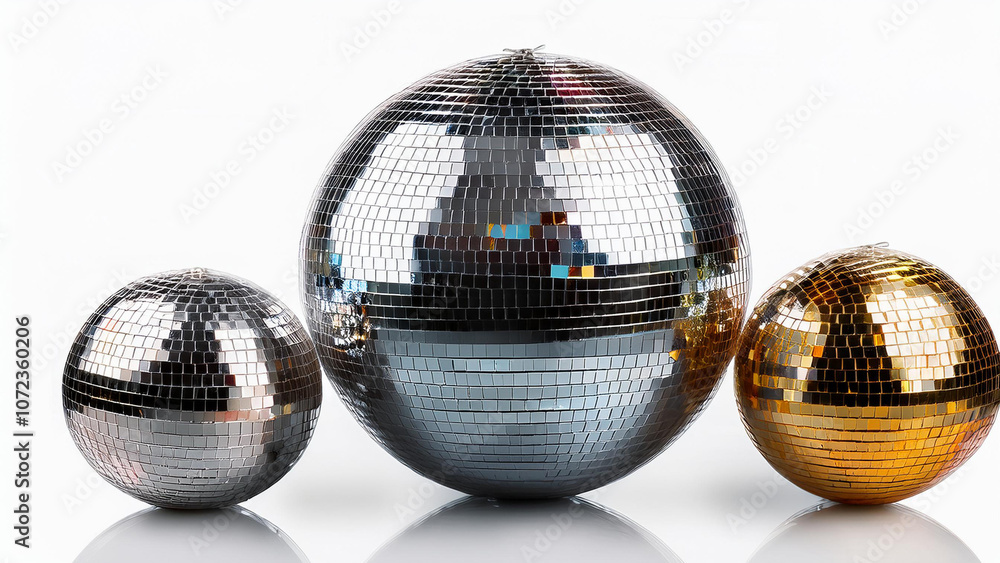 Shiny disco balls in different sizes casting light reflections, isolated on white background. PNG transparent. Shiny disco balls in different sizes casting light reflections, isolated on white background. PNG transparent.