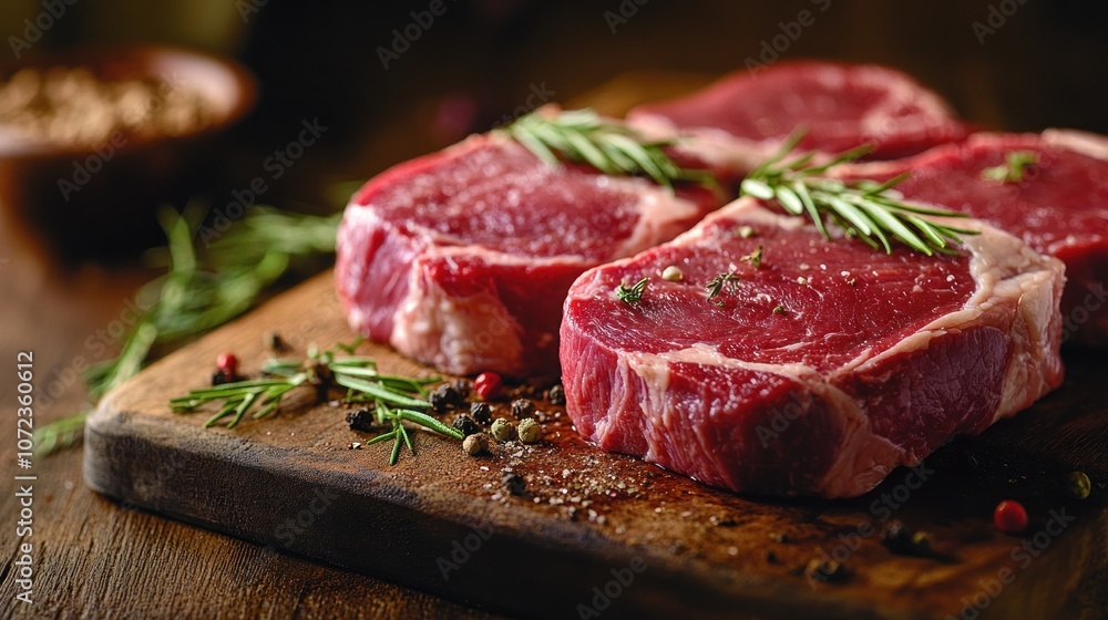 Raw Steak with Herbs and Spices on a Wooden Cutting Board Raw Steak with Herbs and Spices on a Wooden Cutting Board