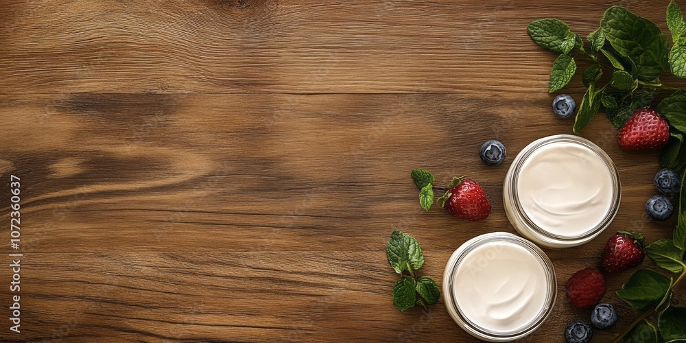 Two Jars of White Cream with Fresh Berries and Mint on Wooden Surface Two Jars of White Cream with Fresh Berries and Mint on Wooden Surface