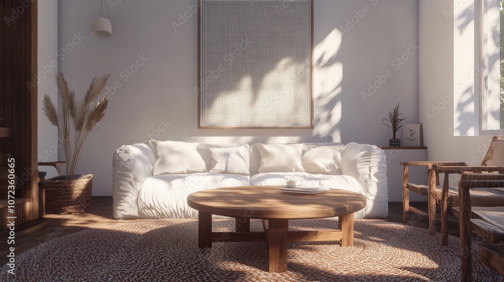 Fototapeta premium Cozy and modern living room interior with natural light and minimalist design.