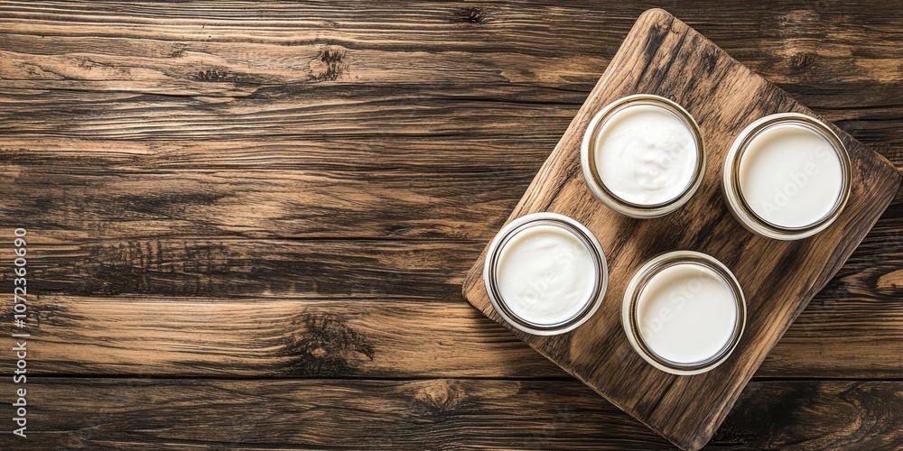 Four Glass Jars of White Creamy Substance on a Wooden Cutting Board Four Glass Jars of White Creamy Substance on a Wooden Cutting Board