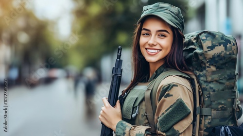 Smiling female soldier holding rifle and wearing backpack in city street