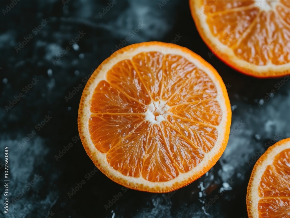 Close-up of a juicy orange slice on a dark background Close-up of a juicy orange slice on a dark background