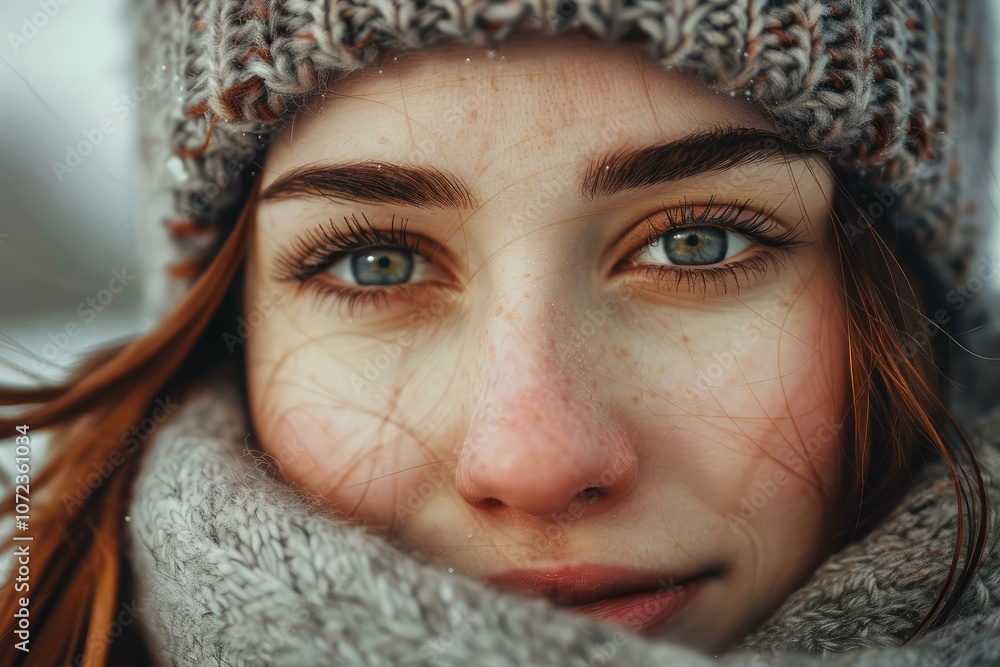 Close up portrait of a charming redhead woman with freckles wearing winter wool hat and scarf enjoying cold weather Close up portrait of a charming redhead woman with freckles wearing winter wool hat and scarf enjoying cold weather