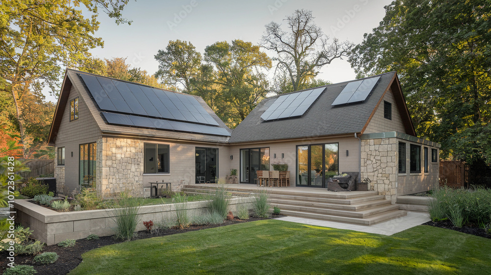 Modern Eco-Friendly House with Dual Solar Panel Roofs and Outdoor Living Area Modern Eco-Friendly House with Dual Solar Panel Roofs and Outdoor Living Area