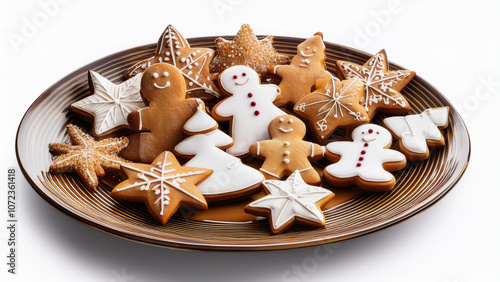 Plate filled with Christmas cookies, including gingerbread men, stars, and trees on a white background. PNG transparent.