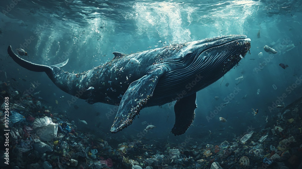 Fototapeta premium A whale swimming through a sea of garbage, showing the dangers of plastic pollution. Concept of marine conservation