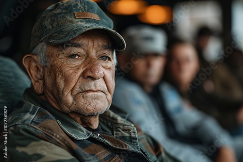 An elderly man wearing a camouflage jacket and cap sits quietly, reflecting with a serious expression. Others are visible in the background, suggesting a gathering or event