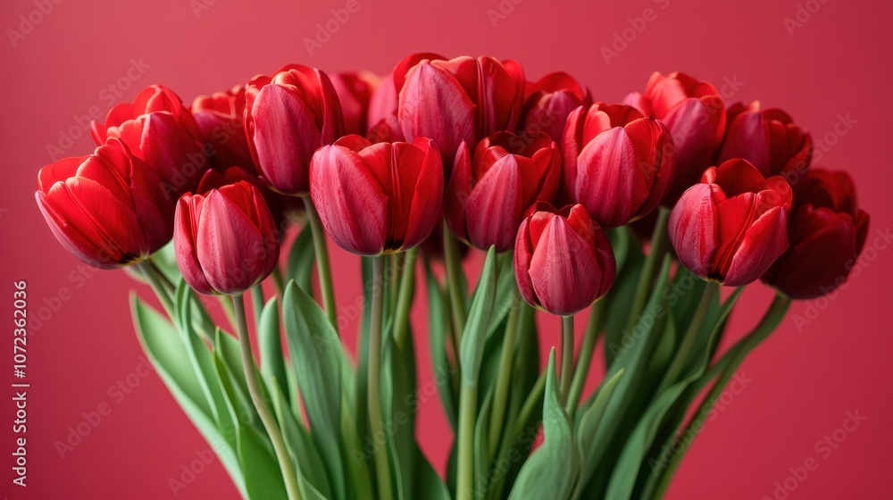 Beautiful bouquet of red tulips flowers on pastel red background Beautiful bouquet of red tulips flowers on pastel red background