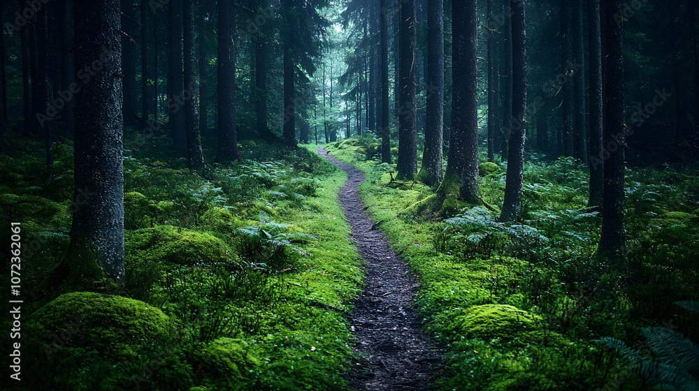Fototapeta premium Pathway Through Lush, Mossy Forest in Twilight