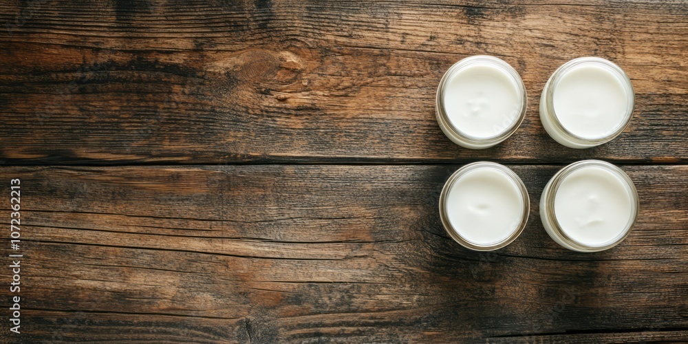 Four Jars of White Cream on Rustic Wooden Surface Four Jars of White Cream on Rustic Wooden Surface