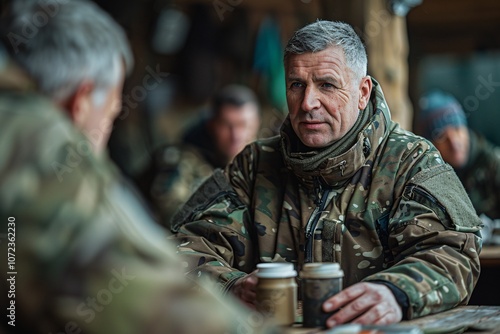 Two soldiers in camouflage gear engage in conversation at a table, sipping coffee. The setting is a rustic military camp, indicating cold weather conditions
