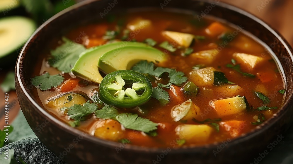 A bowl of spicy vegetable soup garnished with avocado slices, jalapeno, and fresh cilantro A bowl of spicy vegetable soup garnished with avocado slices, jalapeno, and fresh cilantro