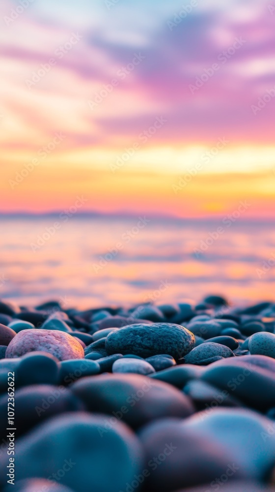 Obraz premium Colorful sunset over a tranquil beach with smooth pebbles lining the shore reflecting vibrant hues of purple and orange