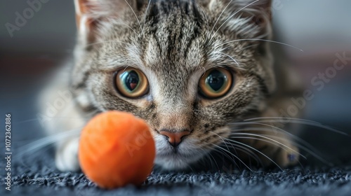 A focused tabby cat with wide eyes intently stares at a small orange ball on the carpet indoors, showcasing excitement and concentration.