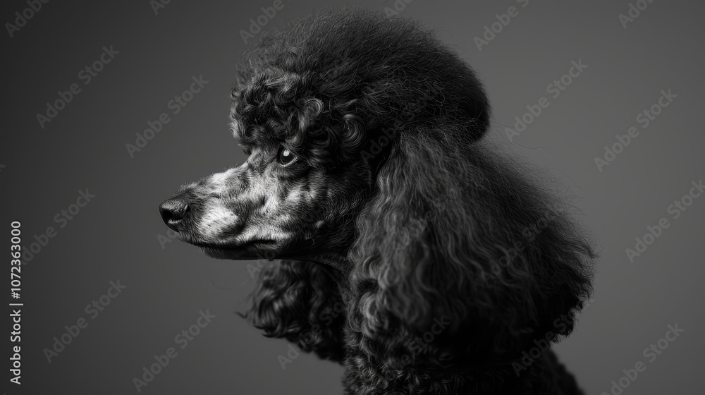 A black poodle captured in stunning profile, showcasing its elegant curly fur under a dramatic lighting setup, emphasizing texture and grace. A black poodle captured in stunning profile, showcasing its elegant curly fur under a dramatic lighting setup, emphasizing texture and grace.