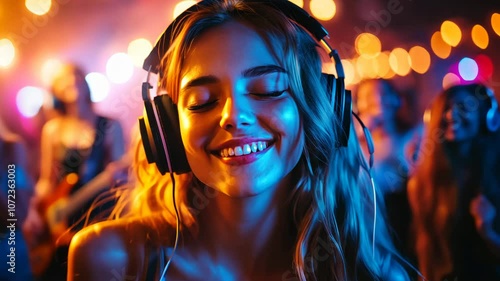 Young woman with headphones in a crowd at a concert, lit by colourful lights.