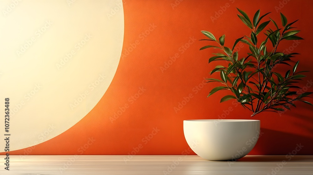 Modern Minimalist Scene with Green Plant and Bowl Modern Minimalist Scene with Green Plant and Bowl