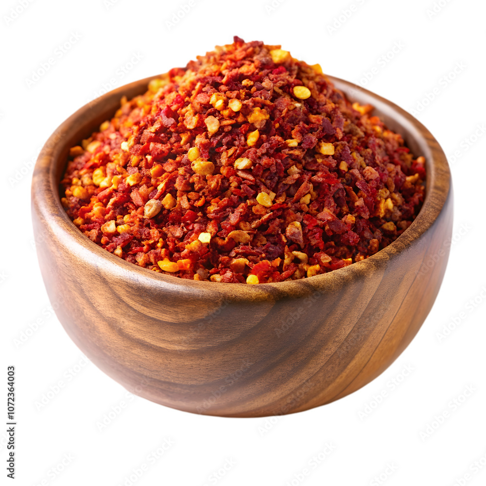 raw organic red pepper flakes in wooden bowl on transparent background raw organic red pepper flakes in wooden bowl on transparent background