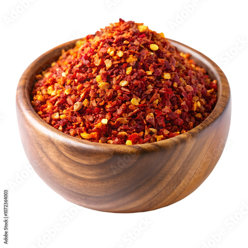 raw organic red pepper flakes in wooden bowl on transparent background