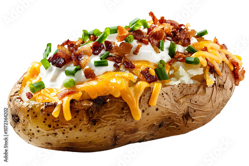 loaded baked potato with cheese topping isolated on a transparent background