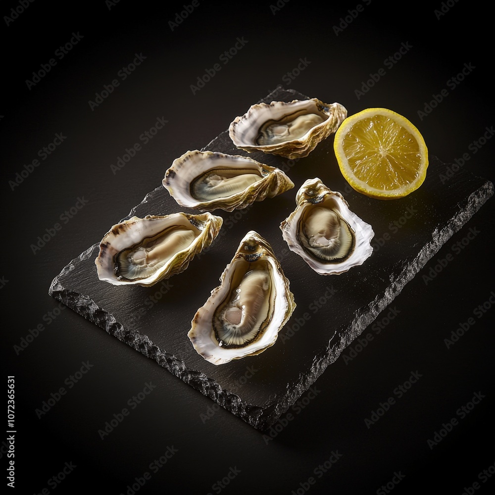 Freshly shucked oysters with a lemon wedge on a dark slate background Freshly shucked oysters with a lemon wedge on a dark slate background