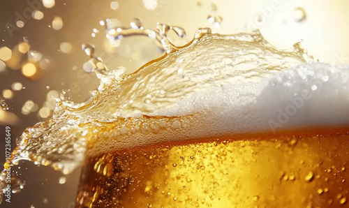 A close-up of beer with bubbles and foam, highlighting refreshment.