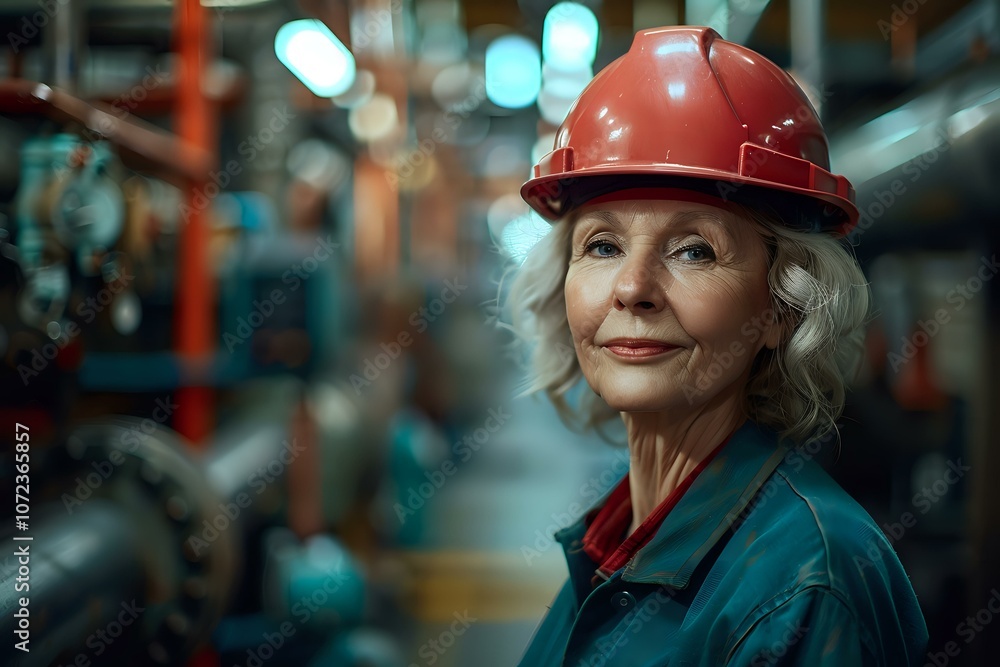 Portrait of an older woman in a hard hat, standing in an industrial environment. Ideal for concepts of women in the workforce, empowerment, industrial work, and career diversity. Portrait of an older woman in a hard hat, standing in an industrial environment. Ideal for concepts of women in the workforce, empowerment, industrial work, and career diversity.