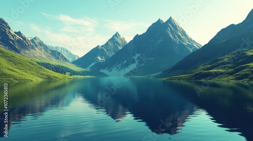 Majestic mountain landscape with serene lake. Generative AI image