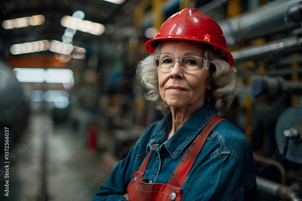 Portrait of an older woman in a hard hat, standing in an industrial environment. Ideal for concepts of women in the workforce, empowerment, industrial work, and career diversity. Portrait of an older woman in a hard hat, standing in an industrial environment. Ideal for concepts of women in the workforce, empowerment, industrial work, and career diversity.