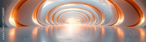 Futuristic hallway with smooth curves and ambient lighting, creating a serene atmosphere and inviting exploration.