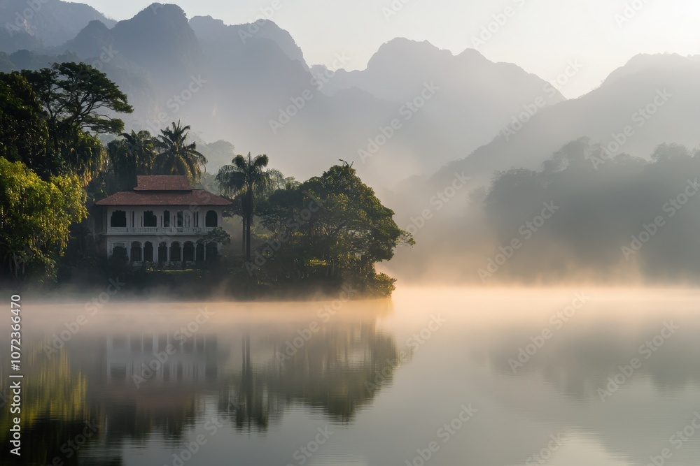 Misty mountain landscape with a traditional colonial-style house reflected in the calm lake Misty mountain landscape with a traditional colonial-style house reflected in the calm lake