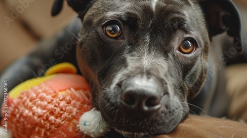 An adorable dog with expressive eyes lies comfortably, holding a plush toy that adds a touch of warmth and affection to the serene setting in the image. photo