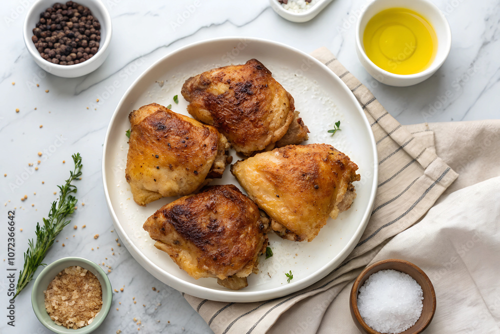 Close-up of baked chicken thighs in rustic dish, set with rosemary, perfect for comfort food dinner ideas Close-up of baked chicken thighs in rustic dish, set with rosemary, perfect for comfort food dinner ideas