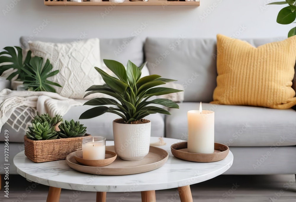 A coffee table with a house plant, candle, and decorative items next to a cozy chair. A coffee table with a house plant, candle, and decorative items next to a cozy chair.