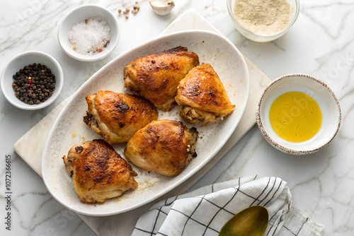 Baked chicken thighs arranged with vegetables, spices, and olive oil, styled for warm cozy meal presentation photo