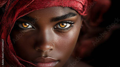 Portrait of African woman with golden eyes and red headscarf