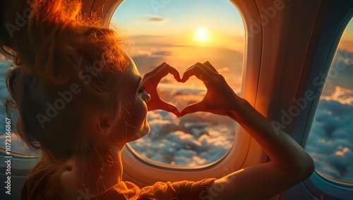 Woman forming a heart shape with her hands, capturing the sunset from an airplane window. Perfect for themes of travel, love, adventure, and inspirational journeys. photo