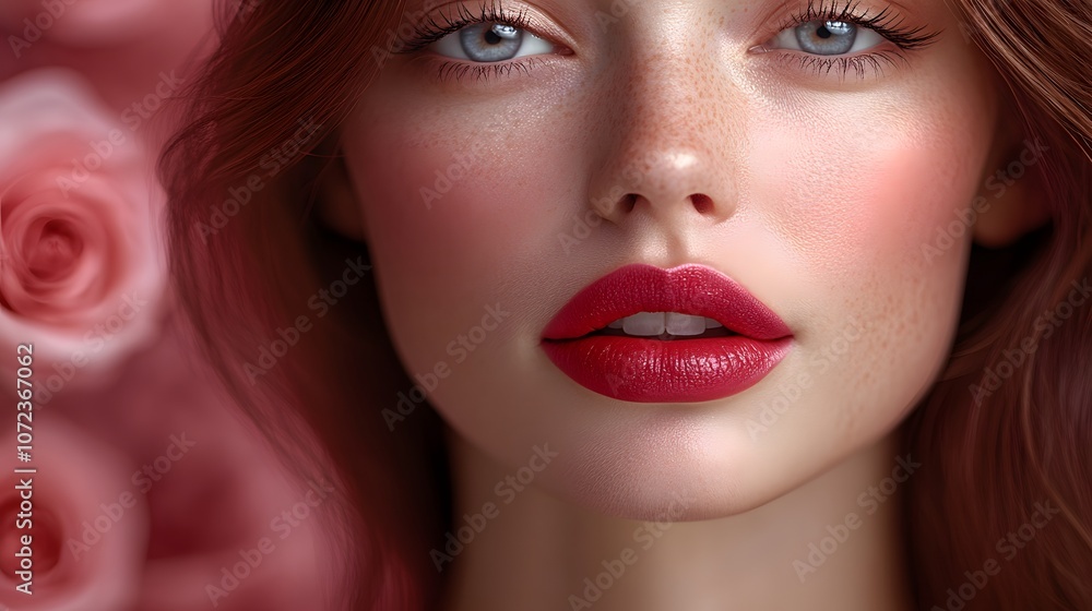 Beautiful Woman with Red Lips and Soft Pink Background Beautiful Woman with Red Lips and Soft Pink Background