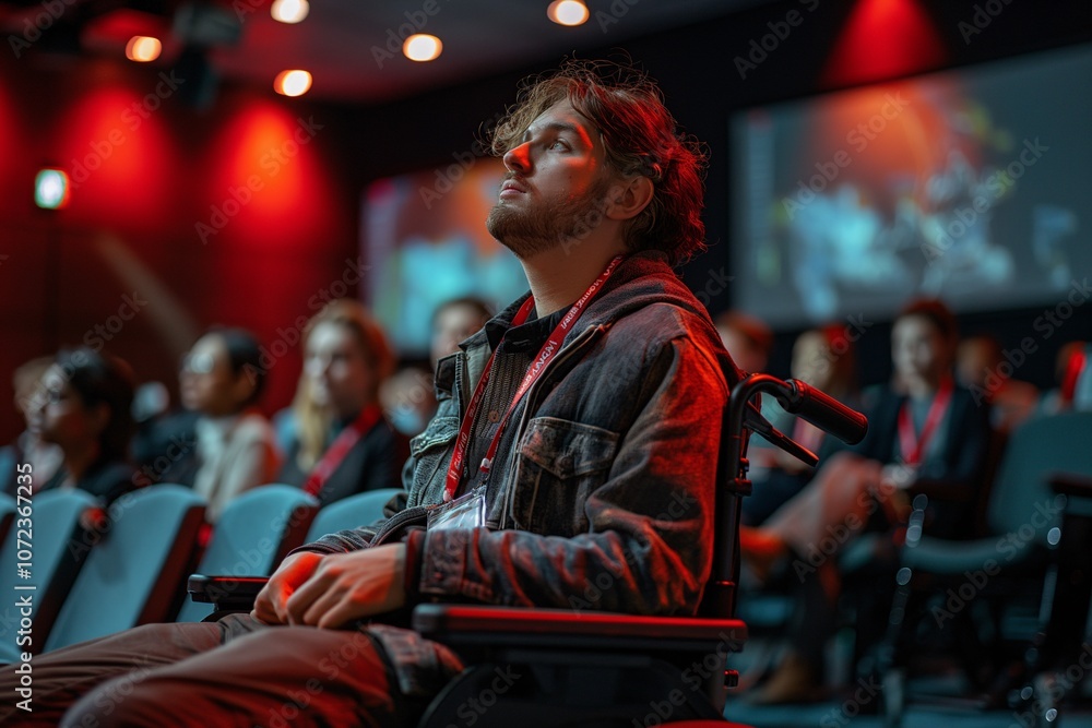A young man in a wheelchair sits attentively in a conference hall filled with an engaged audience, illuminated by red lighting and dynamic visuals on the screens behind him A young man in a wheelchair sits attentively in a conference hall filled with an engaged audience, illuminated by red lighting and dynamic visuals on the screens behind him