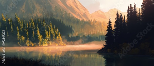 Serene mountain lake surrounded by lush forests and towering peaks at sunset