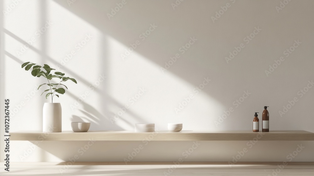 Minimalist Bathroom Shelf with Sunlight and Plant Minimalist Bathroom Shelf with Sunlight and Plant